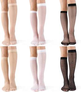 lot 1256 image: 6 Pairs Knee High Stockings for Women - Sheer Lace Nylon, Polka Dot & Solid