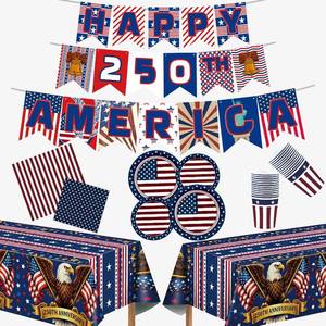 lot 1274 image: 140-Pack 250th Anniversary Decorations Serves 24 - Plates, Napkins, Cups