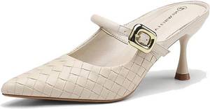 lot 1310 image: NEWBELLA Womens Woven Pointed Toe Heeled Mules - Leather Slip-On Sandals 9.5