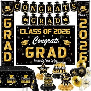 lot 1324 image: Black and Gold Graduation Decorations 2026 Backdrop, Tablecloth, Banner