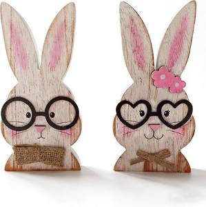 lot 1344 image: Wooden Easter Bunny Decorations Set of 2 - Rustic Farmhouse Tabletop Signs