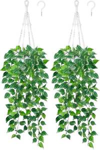 lot 1403 image: DREAMLOOM 2-Pack Fake Hanging Plants with Pots, Pothos with Macrame Hanger