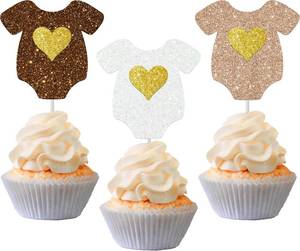lot 1460 image: Glitter Baby Shower Cupcake Toppers Onesie Shape, Brown, Double-Sided