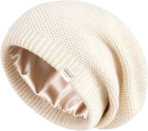 lot 1492 image: YANIBEST Satin Lined Beanie, Winter Hats for Women, Slouchy Knit Beige