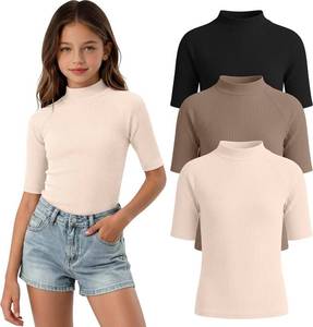 lot 1531 image: 3 Pack Girls Half Sleeve Shirts  Mock Turtleneck, Slim Fit, Ribbed Tees 7-8 yr