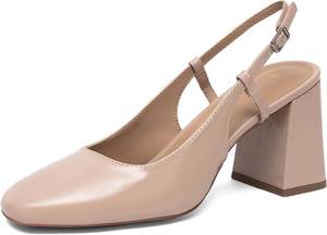 lot 1626 image: NEWBELLA Mary Jane Slingback Pumps, Patent, Square Toe, Adjustable Strap Black 1