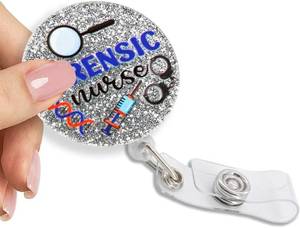 lot 1672 image: Forensic Nurse Retractable Glitter Badge Reel with Clip - Funny Investigator
