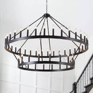 lot 12750 image: HHR Wagon Wheel Chandelier, 2-Tier, 54-Light, 60in Pendant, Black E12