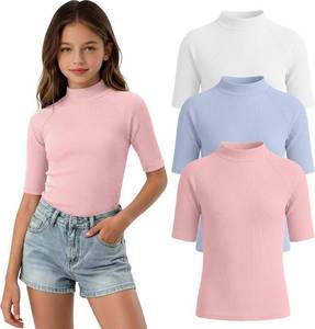 lot 12802 image: 3 Pack Girls Half-Sleeve Shirts  Turtleneck, Slim Fit, Ribbed Tees 11-12yr