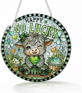 lot 12825 image: Lucky Charm Highland Cow Decor, Shamrock Acrylic Hanging for St Patricks Day