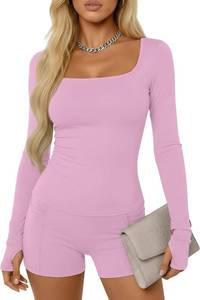 lot 12939 image: Womens Yoga Set Square-Neck Slim Tops, Thumb-Hole Shirt, High-Waist Shorts X-S