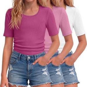 lot 13050 image: 3 Pack Teen Girl T-Shirts - Ribbed Fitted Tees, Summer Tops for Tween 5 6 years
