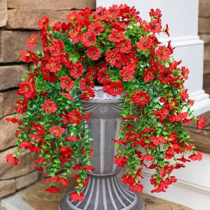 lot 13061 image: Artificial Hanging Flowers for Outdoors, 2Pcs Red Faux Spring, UV-Resistant