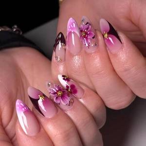 lot 13129 image: Purple Floral Press-On Nails Almond, Plum Gradient, Glossy French Tip Acrylic