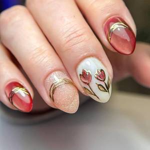 lot 13131 image: Flower Press-On Nails, Short Almond 3D Gradient Cat Eye, Gold Line Pink 24Pcs