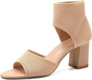 lot 13191 image: NEWBELLA Womens Knit Ankle Strap Sandals - Open Toe Block Heel Pumps size 8.5 B