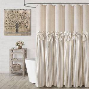 lot 13200 image: Farmhouse Shower Curtain Linen Bow Pleated Beige Stripe 60 x 72
