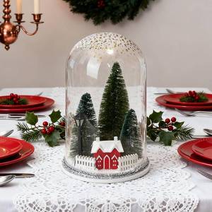 lot 13211 image: Christmas Table Centerpieces, Trees & Red House in Dome Cloche, Winter Decor