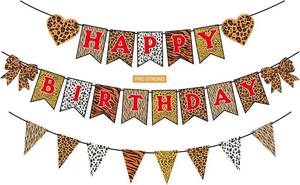 lot 13249 image: Cheetah Print Happy Birthday Banner Set, 3-Piece Pre-Strung Leopard Decor