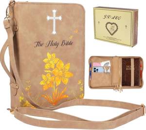 lot 13324 image: JXAVO PU Leather Bible Cover with Handle & Shoulder Strap, Zippered Pocket