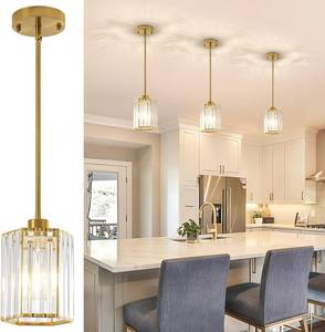 lot 13329 image: 3 Pack Crystal Pendant Lights for Kitchen Island, Brushed Gold, Hexagonal