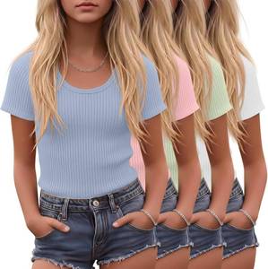 lot 13344 image: 4-Pack Girls Short Sleeve T-Shirts, Scoop Neck, Ribbed Knit, Slim Fit 7-8 Years