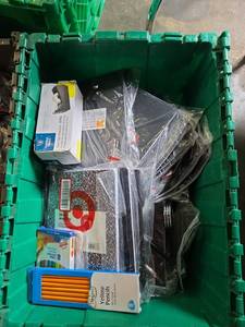 lot 18809 image: Pallet Lot of Assorted School &amp Office Supplies, Jewelry Boxes, Clothes, Electronic Accessories, and More
