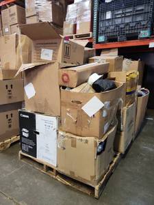 lot 18832 image: Pallet Lot Including Canon Printer, Dog Leashes, Watch Screen Protectors, Cricket Helmet, and More