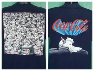 lot 63750 image: Vintage 90s Coca Cola Coke Polar Bear with 3D Glasses in Movie Theater Double Sided Navy T Shirt Size Large L