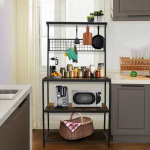 lot 61003 image: O-WareHem Bakers Rack, Industrial Coffee Bar, 4-Tier Microwave Oven Stand, Kitchen Storage Shelf with 6 Hooks, 67 Free Standing Utility Storage, 2 Wooden Shelves and Mesh Panel for Cooking Utensils