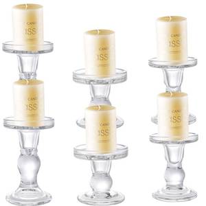 lot 61025 image: Okllen Set of 6 Glass Candle Holders, Clear Pillar Taper Candlestick Crystal Tealight Candle Holder Stand for Dinner Table, Wedding Centerpieces, Living Room, Home Decor