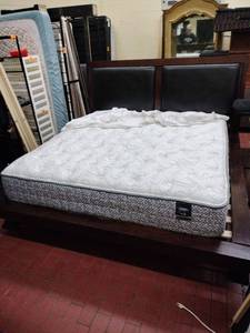 lot 61041 image: Rustic Low Profile Platform King Size Bed Frame with Pu Leather Headboard and Wood Frame - Includes Tencel Mattress