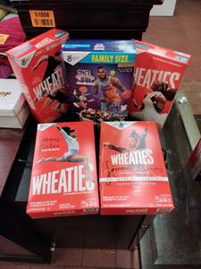 lot 61066 image: Set of 6 Limited Edition Cereal Boxes (Simone Biles, Serena Williams, JJ Watt, KU Basketball(Empty), Space Jam)