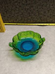 lot 158 image: Vintage Green Glass Footed Bowl with Blue Center