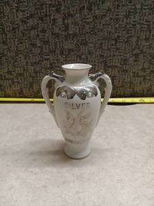 lot 162 image: Porcelain Silver 25th Anniversary Vase with Handles
