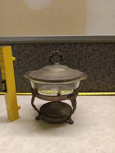 lot 181 image: Ornate Metal Chafing Dish w Glass Bowl & Lid