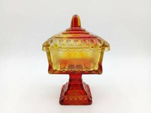 lot 200 image: Vintage Red and Amber Glass Pedestal Candy Dish w Lid