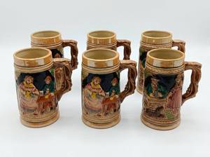 lot 216 image: Set of 6 Ceramic Beer Steins w Figural Handles