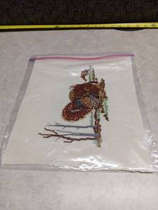 lot 94 image: Completed Cross Stitch Embroidery Brown Bird on Branch with Grass