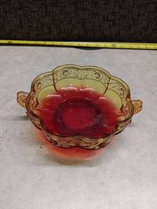 lot 117 image: Red and Amber Glass Bowl with Handles Scalloped Edge Decorative