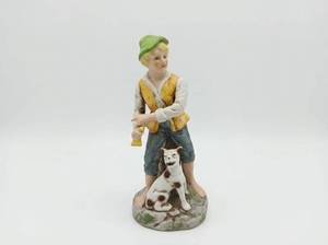 lot 281 image: Vintage Porcelain Figurine Boy with Dog and Fishing Rod