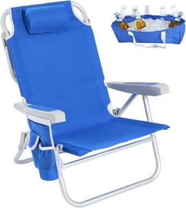 lot 152219 image: SUNNYFEEL Low Beach Chair, 5-Position Lay Flat Reclining Backpack Chair with Cooler Bag & Cup Holder, Portable Folding Beach Chair for Adults, Heavy Duty 350 LBS, Blue