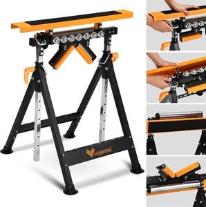 lot 152225 image: WORKESS 4 in 1 Roller Stand, Stable 440 Lbs Load Capacity with Saw Horses, V-Shaped, Multi-Directional Rollers & Outfeed Roller, Adjustable Height 33- 50, Folding for Woodworking