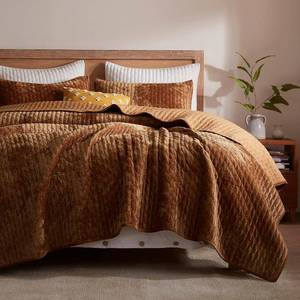 lot 152253 image: LEAONME Velvet Quilt King Size 98x106, Lightweight Caramel Velvet Comforter Set with 2 Matching Shams, Soft Cross Stitch Bedspread Coverlet Bedding Set for All Season