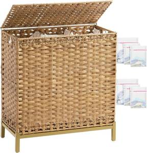 lot 251692 image: SETVSON Laundry Hamper with Lid, 35 Gal 3-Bag Clothes Sorter, Natural
