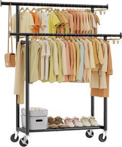 lot 251720 image: Simple Trending Clothes Rack, Double Rods Clothing Rack with Shelf, Black