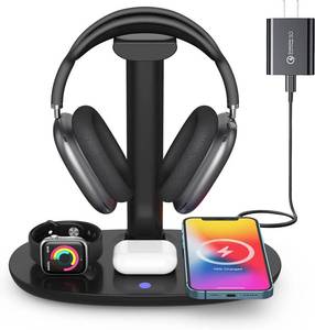 lot 351878 image: Headphone Stand with 15w Wireless Charger, Suguder 4 in 1 Charging Station Headset Holder for AirPods MaxPro432 iWatch 10987654321SE iPhone 17161514131211X for Desktop Table Game