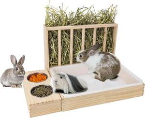 lot 351886 image: BESNEW 3 in 1 Rabbit Hay Feeder with Litter Box,Wooden Hay Feeder with 2 Bowls & Litter Box for Guinea Pig Chinchilla Bunny Other Small Animals,Large Capacity & Preventing Waste