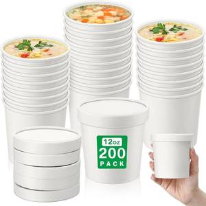 lot 452235 image: 200 Pack 12 oz Disposable Food Containers with Lids, Paper Soup Cups, White
