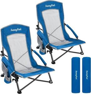lot 161584 image: SUNNYFEEL Folding Low Beach Chair 2 Pack - Lightweight Portable Lawn Chair with Mesh Back & Cup Holder, Sand Chair Load up to 300lbs for OutdoorTravelPicnicConcert